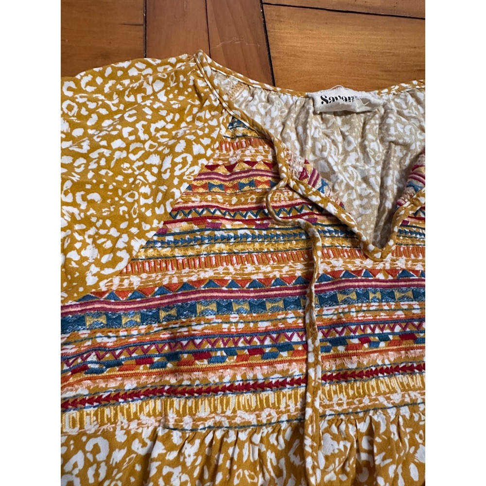 Savanna Jane Mustard Yellow Leopard Embroidered Boho Babydoll Top Blouse L 17928 - Picture 3 of 8